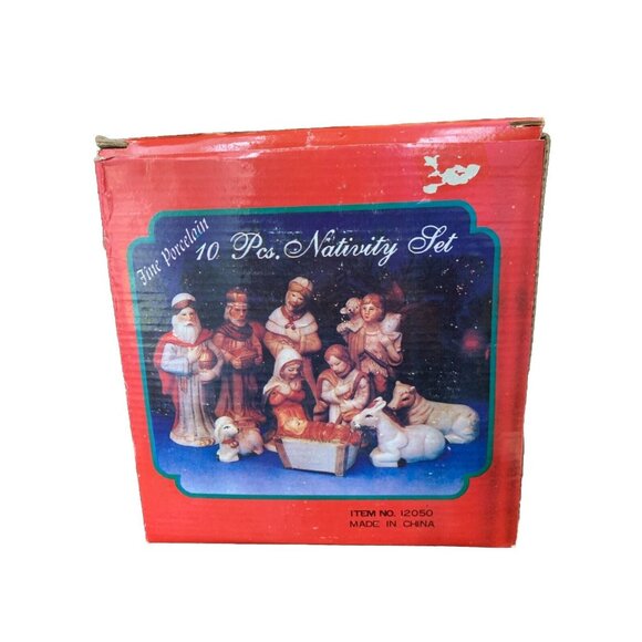 Vintage 10 Piece Porcelain Nativity Set With Box Christmas Decorations NOS - Picture 1 of 3